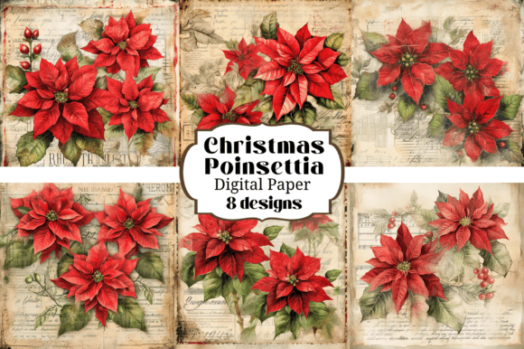 Christmas Poinsettia Flowers Backgrounds: Vintage Digital Paper for Crafts
